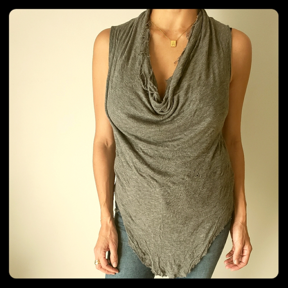 Distressed cotton cow neck tank